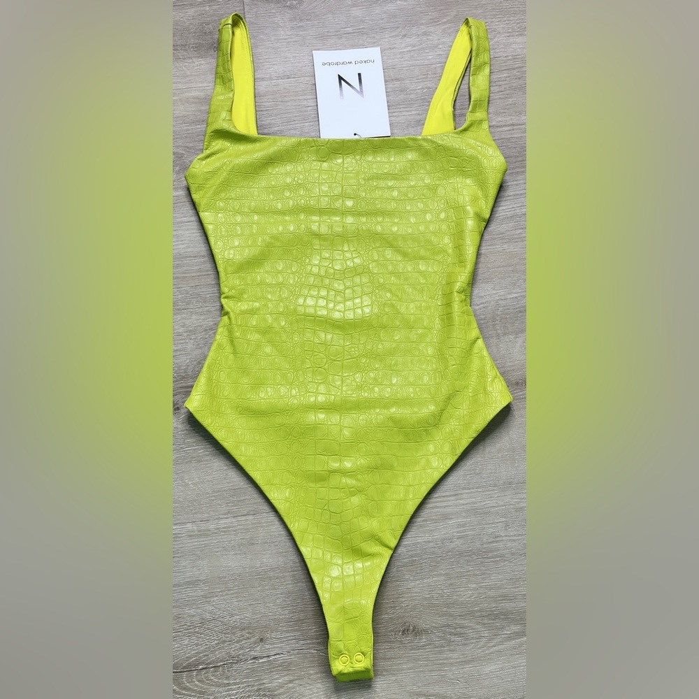 Naked Wardrobe Bodysuit Faux Crocodile Leather Neon Green Thong Womens NWT